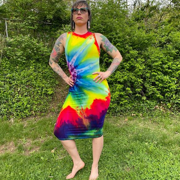 Ice Dyed Rainbow Dress - Sleeveless Tank Bodycon - Vibrant (Women's Small) - Picture 1 of 10